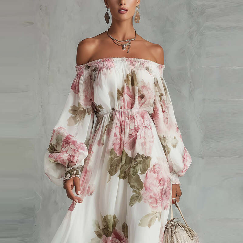 2026 New European And American Cross-Border Amazon Fashion Best-Seller Printed Off-Shoulder Lantern Sleeve Elegant Dress