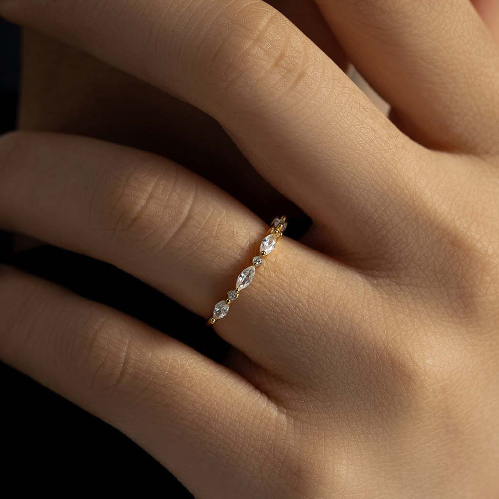 s925 sterling silver micro-inlaid marquise zircon ring, light luxury ins-style design, stackable ring jewelry