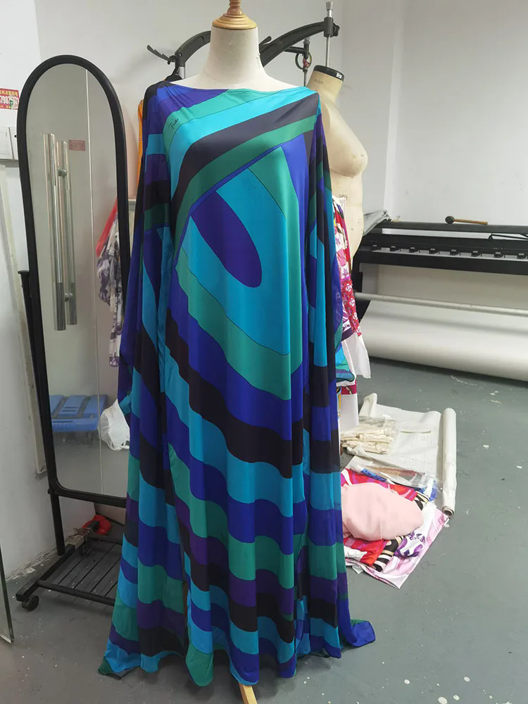 Fashionable Women Robe Dresses Slash Neck Batwing Sleeve Geometric Printing Loose Vestidos Party Holiday