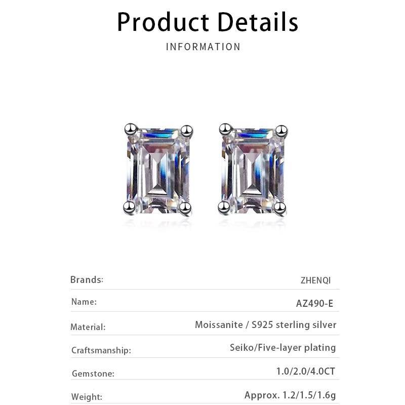 Wholesale Fine Jewelry S925 Sterling Silver Fashion Stud Earrings Emerald Cut Lab Grown Diamonds Moissanite Earrings for Women