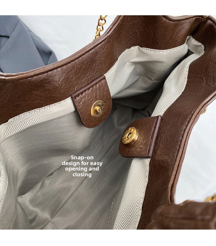 Large Quilted Leather Tote, Women's Brown Chain Shoulder Handbag, Trendy Daily Commute Bag for Work