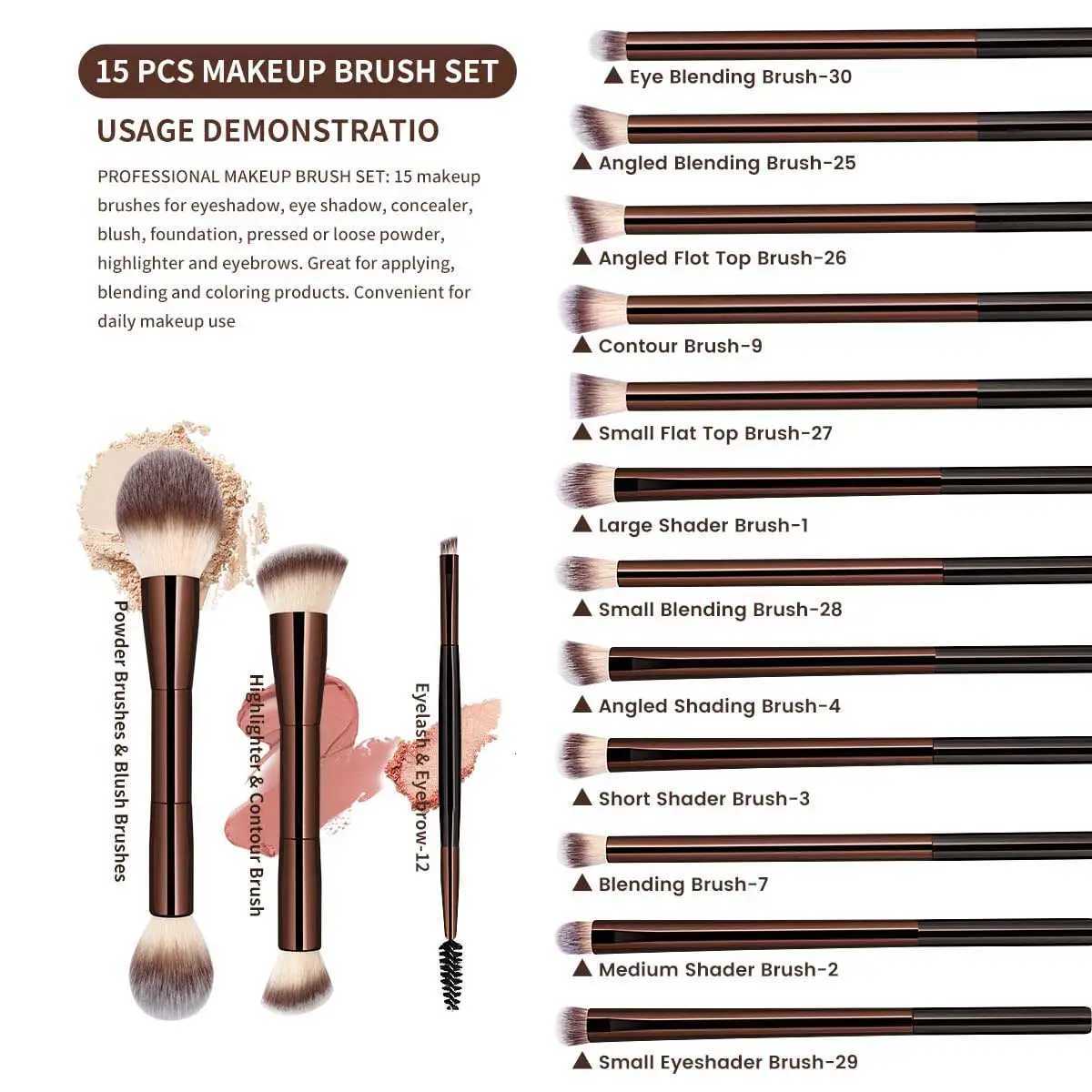 15 PCS Makeup Brushes Double-ended Makeup Brush Set Double Sided Angled/Round Top Brush Foundation Contour Blending Eyebrow Eyes Z260408