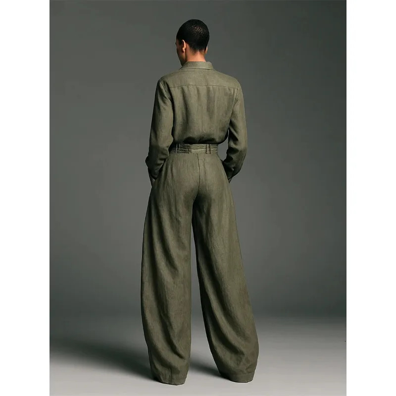 Vintage Women Two Piece Set Elegant Long Sleeve Shirt with Pocket Wide Leg Pants Autumn Army Green Loose Chic Outfits 260408