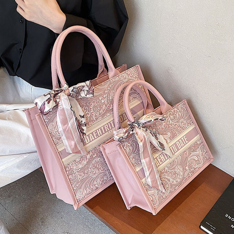 Large Pink Floral Tote Bag, Women's Elegant Shoulder Handbag with Scarf, Trendy 2026 Daily Commute Tote