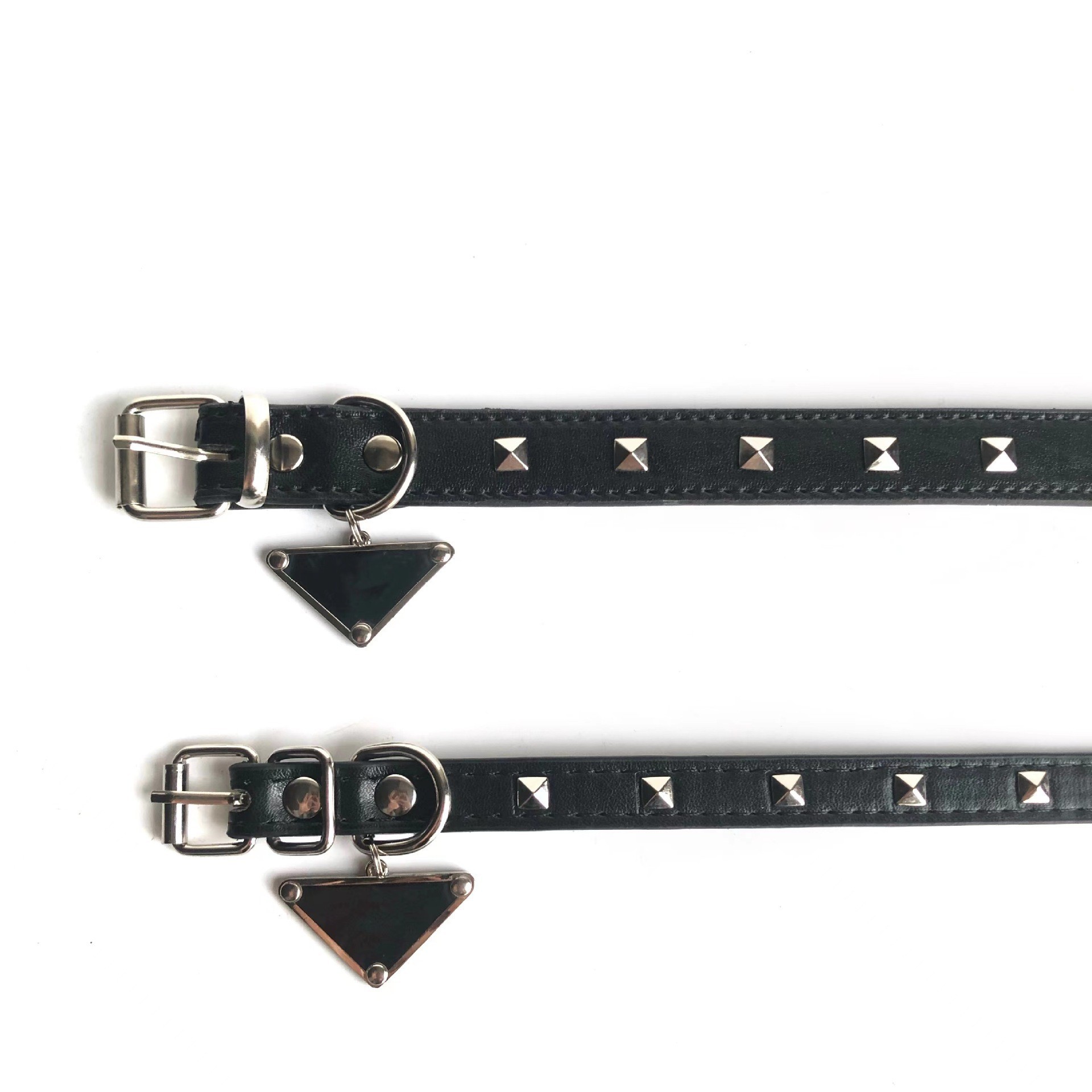 Cute luxury leather pet collar and leash set with classic triangular metal charm, suitable for dogs and cats.