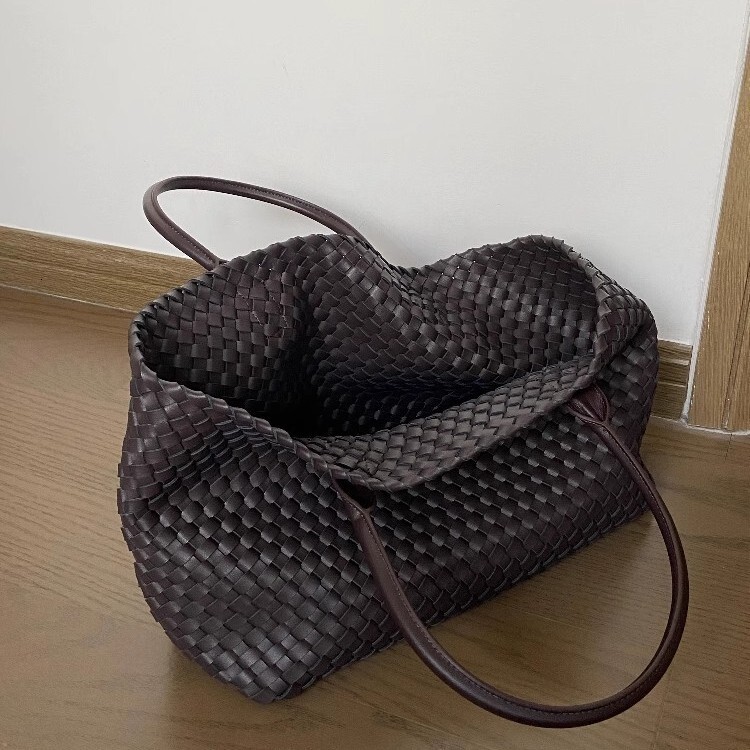 Hand Woven PU Large Capacity Tote Bag Double Top Handle Open Top Casual Shopping Shoulder Handbag For Daily Travel