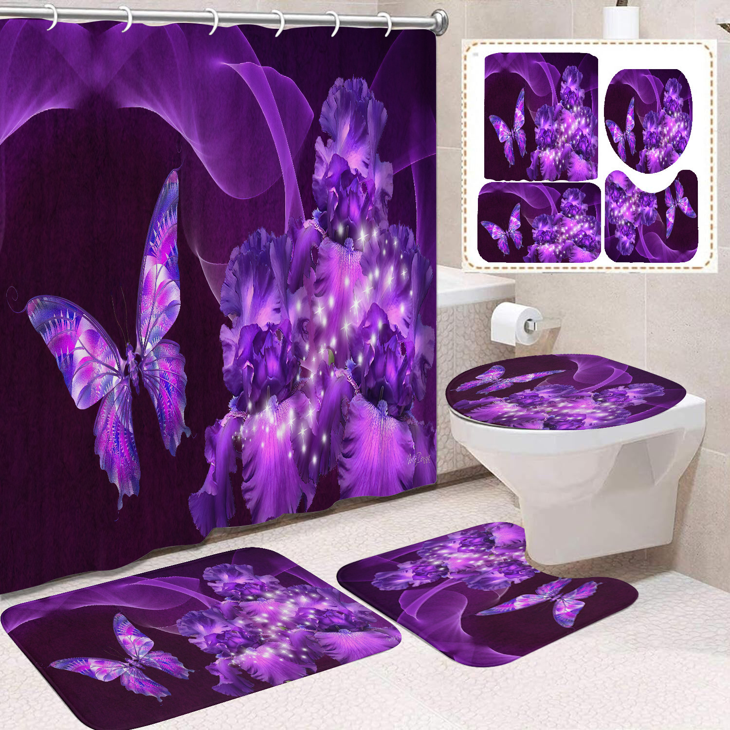 YL-38459 Home Decor Pink Butterfly and Flower Waterproof Shower Curtain Set (4 Pieces)