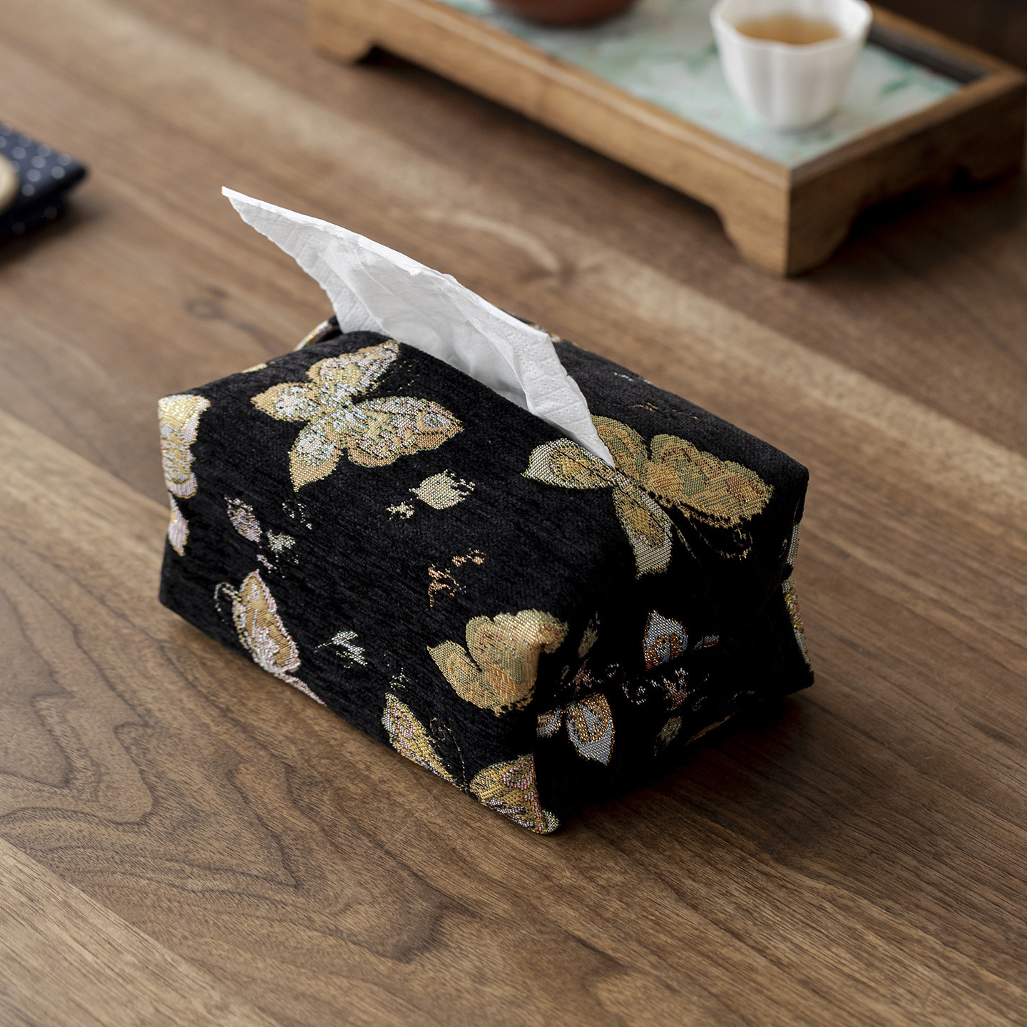 Tissue Box Cover Gold Butterfly Brocade Ink Background New Chinese Style Imitation Silk High End Tea Fabric Dustproof Tissue Holder For Living Room