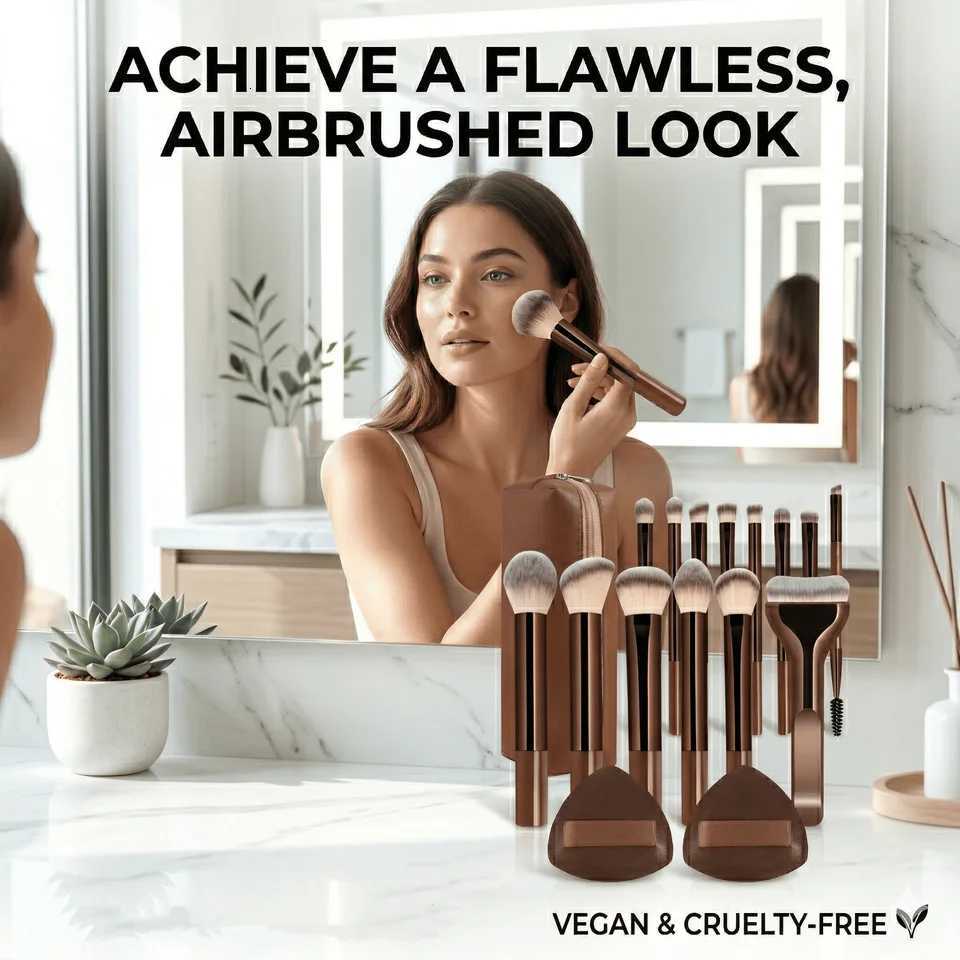 13PcsProfessional Makeup Brush Set With Bag and 2 Puffs Cosmetic Brush Set Metal Frame Multiple Brushes Including Eyeshadow Z260408