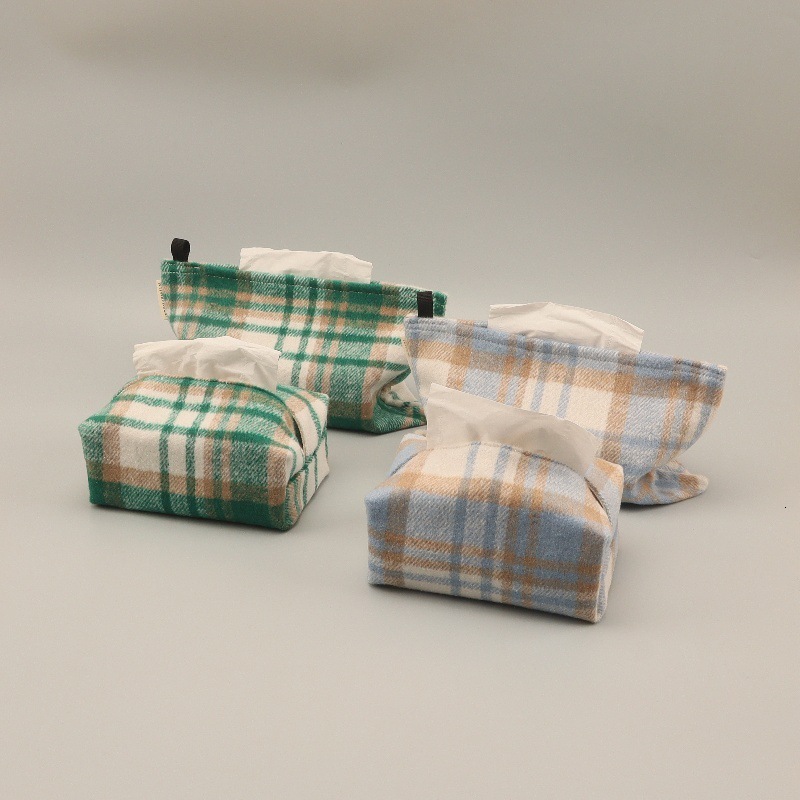 Tissue Box Cover Fabric Plaid Jacquard High End Tissue Holder For Living Room Desktop Car Office