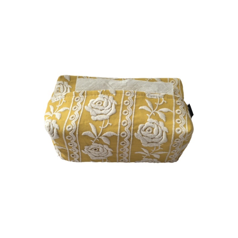Tissue Box Cover Cotton Linen Embroidered French New Chinese Style Yellow White Camellia Plaid Pattern Fabric Tissue Storage Box