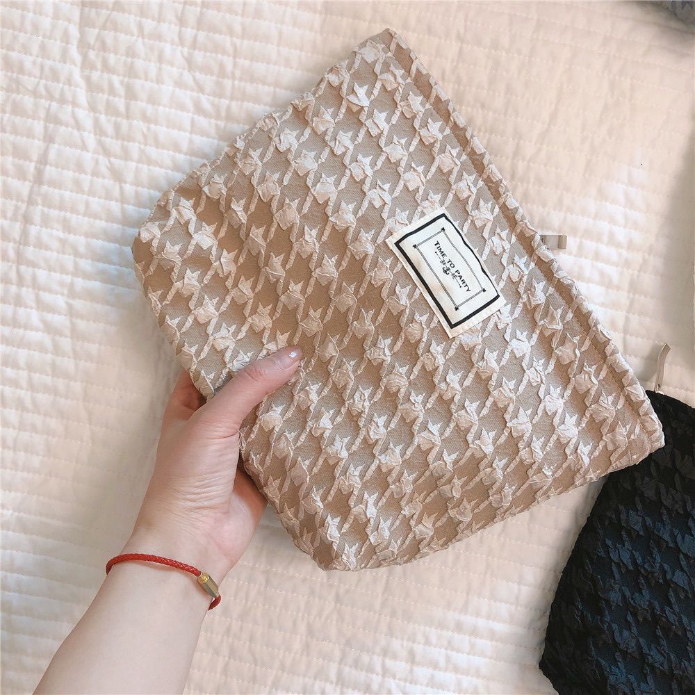 Makeup Bag Ins Niche Corduroy Color Block Striped Camellia Pattern Checkerboard Texture Designer Style Portable Travel Business Trip Skincare Storage 
