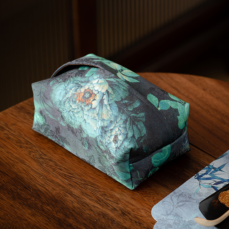 Tissue Box Cover National Trend Fabric New Chinese Style Orange Plaid Pattern Flower Print Living Room Bedroom Office Desktop Tissue Holder Handmade S