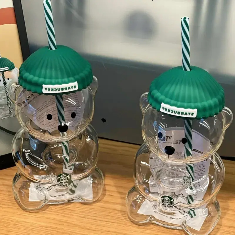 20oz Bear Straw Cute Transparent Glass Cup with Hat Iced Coffee Cold Drink Gift Water Bottle with Sign