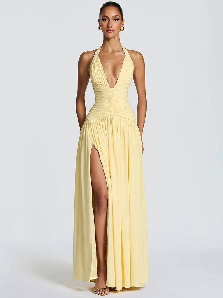 Mozision Halter Deep V Neck Sexy Maxi Dress Women Elegant Off-shoulder Sleeveless High Split Pleated Club Party Long Dress 260407