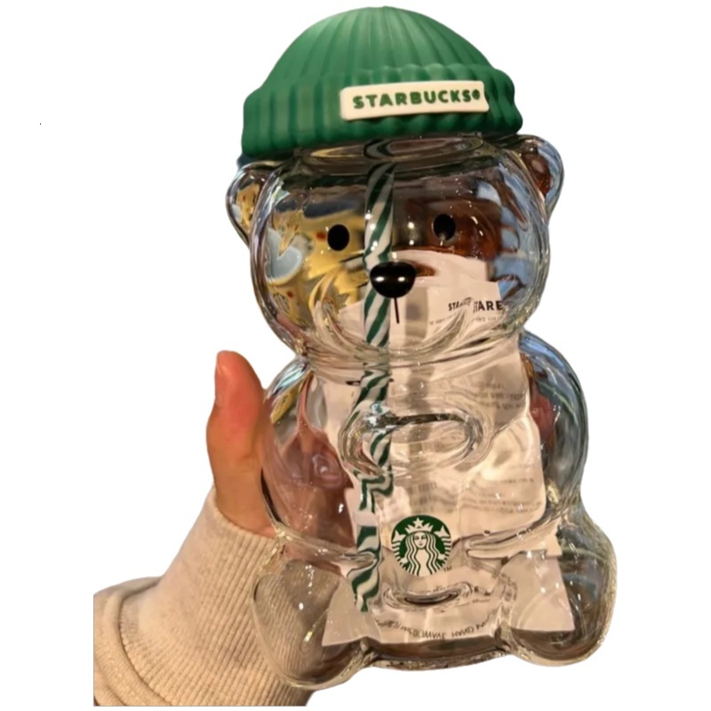 20oz Bear Straw Cute Transparent Glass Cup with Hat Iced Coffee Cold Drink Gift Water Bottle with Sign