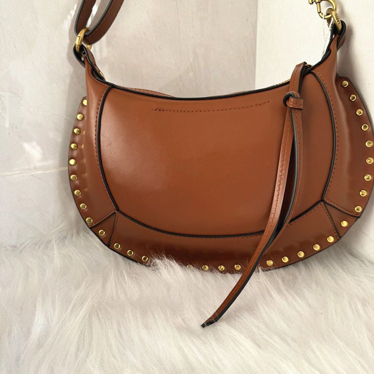 Vintage Leather Crescent Hobo Bag for Women - Premium Smooth Leather Handbag with Studs, Luxury Adjustable Shoulder Bag