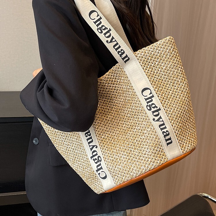 Large Woven Straw Bag, Women's Adjustable Shoulder Handbag with Letter Print, Trendy Summer Vacation Tote - view 4