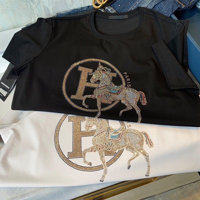Luxury Brand Designer Clothes Pure Cotton European Station Summer Men's Rhinestone Round Neck Short Sleeve Inlaid Trendy Brand European Men'