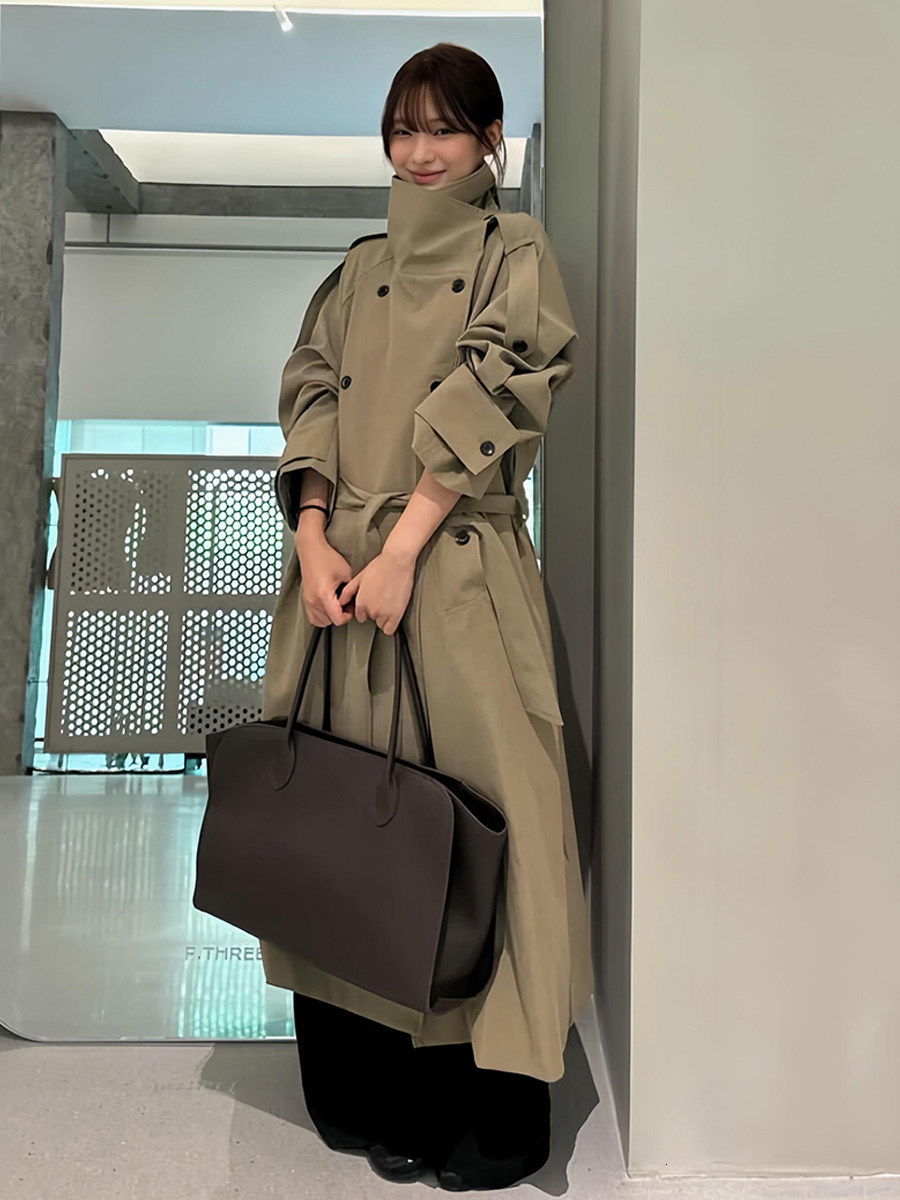 Autumn Winter Elegant High Neck Long Trench Coat For Women Pleated Hem Lace Up Jacket Windproof Overcoat Lady Outwear 251030