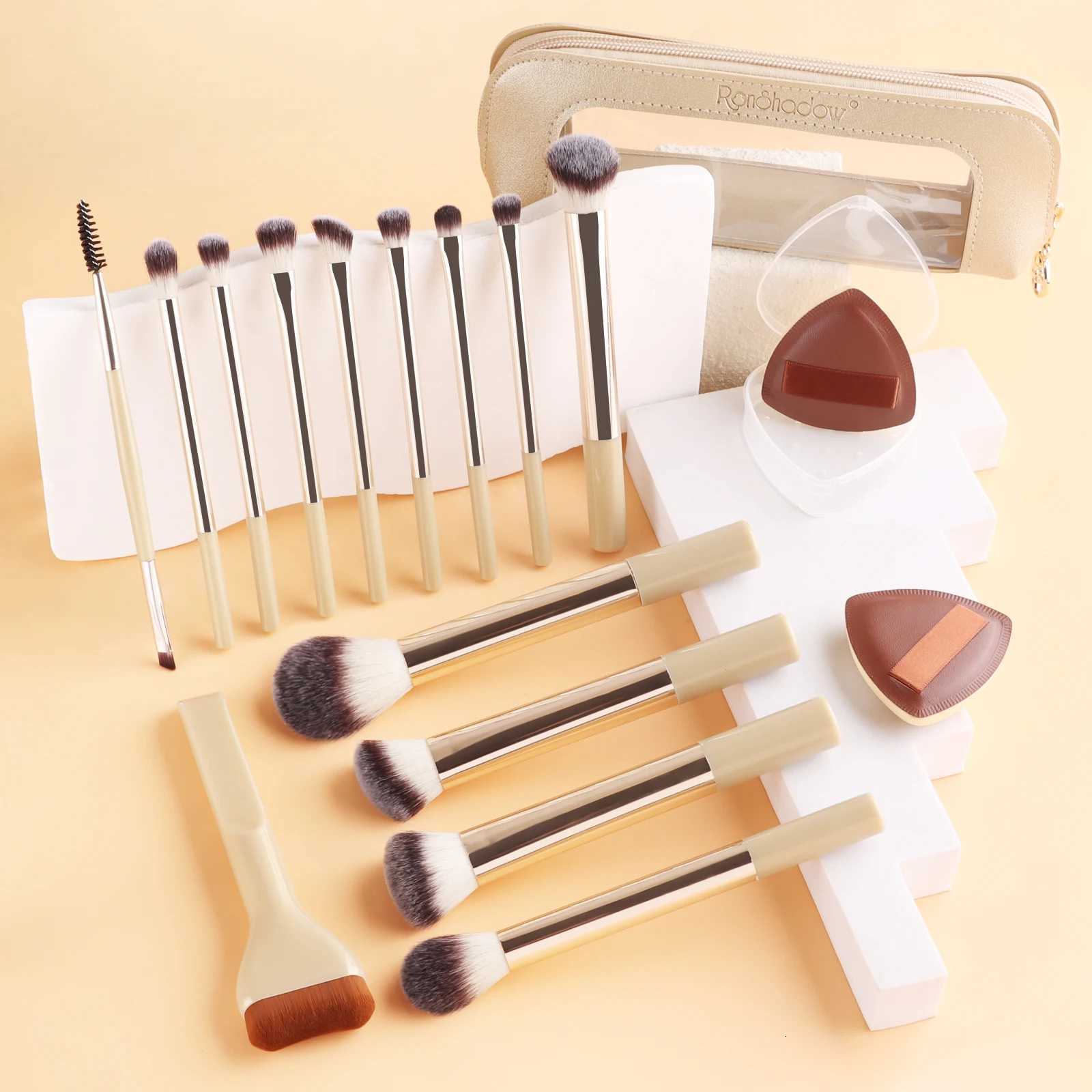 14 Pcs Makeup Brushes Kit with 2 Puffs and 1 Travel Cosmetic Bag for Foundation Eyeshadow Blush Z260408