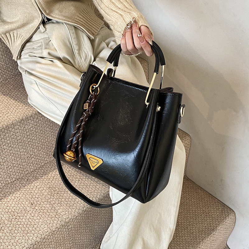 Large Capacity Leather Bucket Bag, Women's Black Handbag with Dual Carry Ways, Spacious Laptop Tote for Work