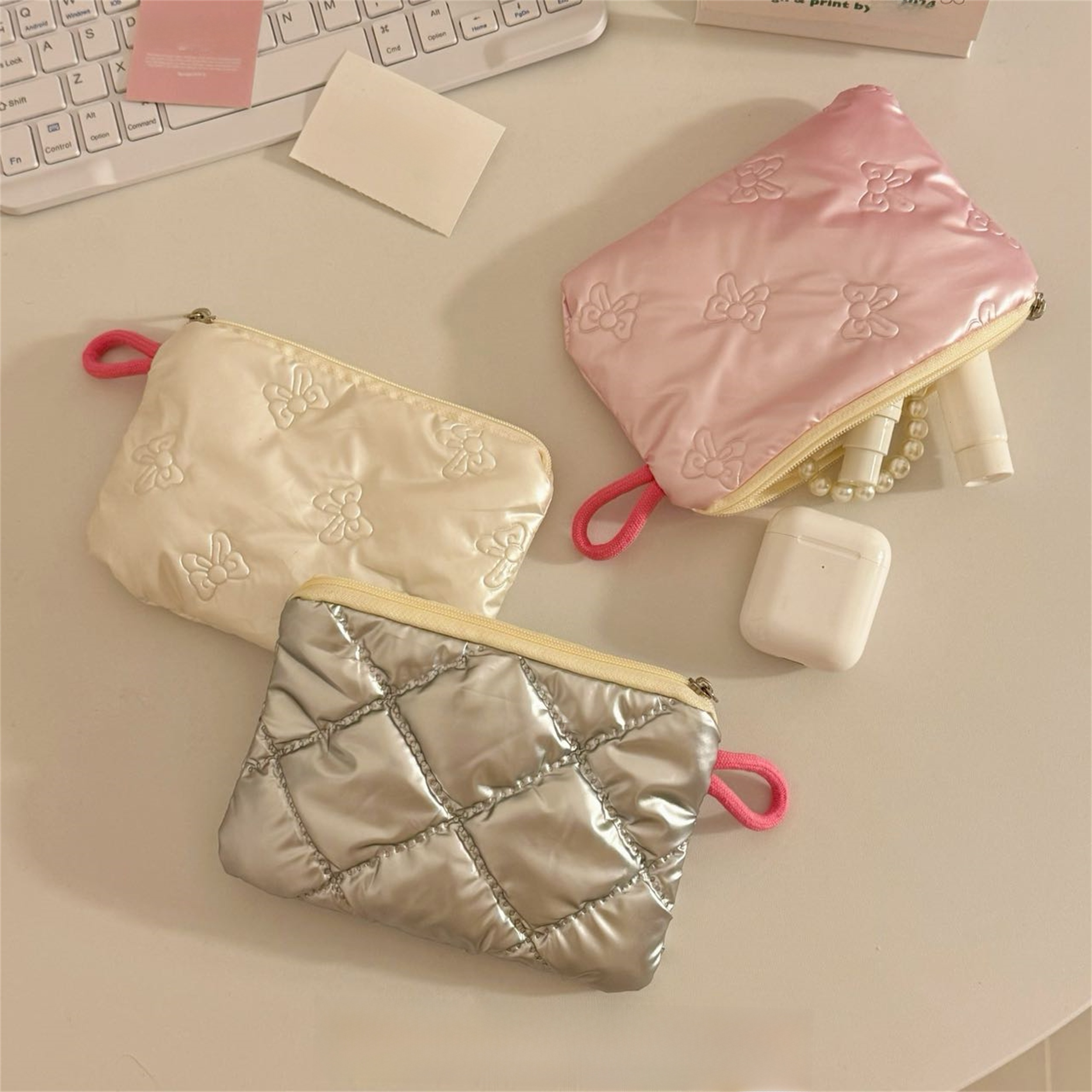 Makeup Bag Korean Ins Blogger Style Quilted Cute Bow Print Glossy Leather Handheld Portable High Value Small Coin Purse For Women