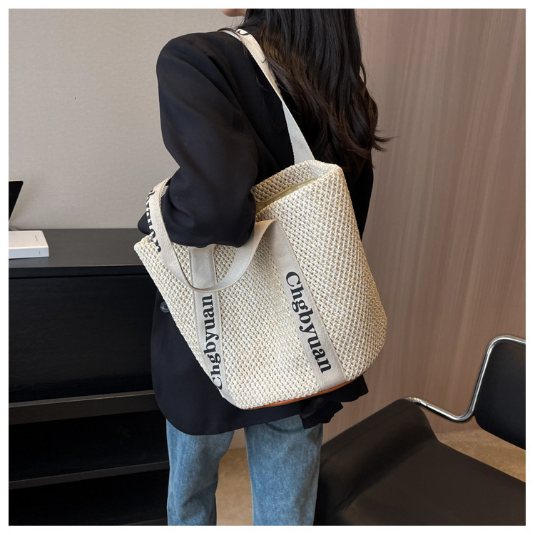 Large Woven Straw Bag, Women's Adjustable Shoulder Handbag with Letter Print, Trendy Summer Vacation Tote - view 8