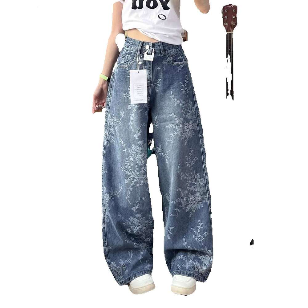 Jacquard Embroidered Women's Jeans Early Autumn High-Waisted Loose Wide-Leg Vintage Straight-Leg Long Pants Floor-Length Available For - view 7