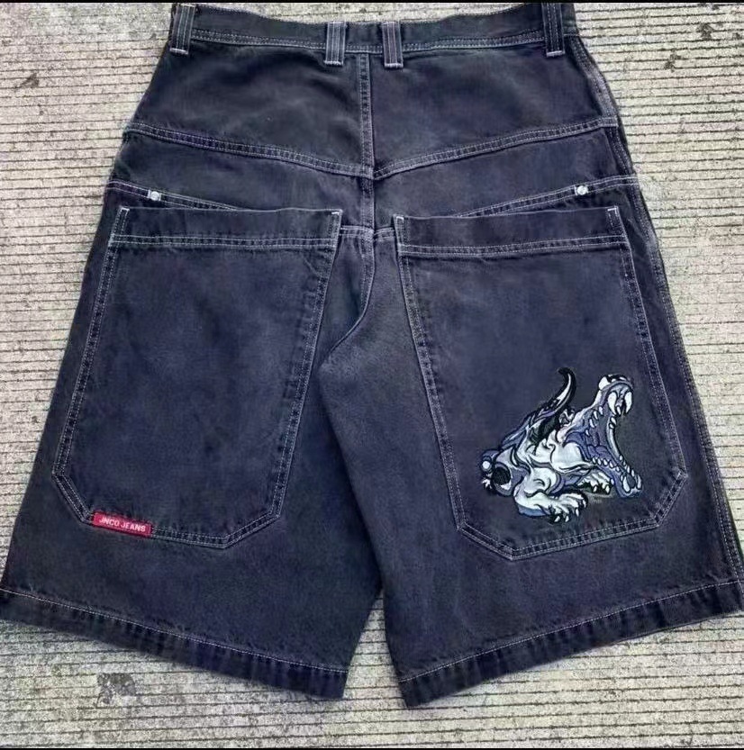 Patchwork pink angled side pocket denim shorts couple Harajuku style street trend hip-hop loose five-quarter pants 240806