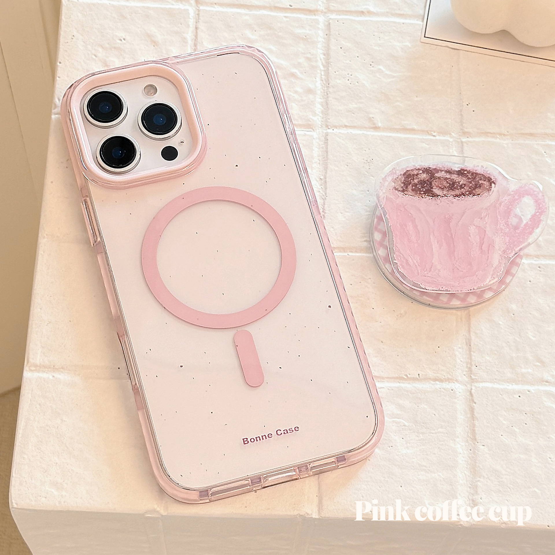 Pink MagSafe Stand Case for iPhone 16 Pro Max 17 Clear Coffee Cup Cover