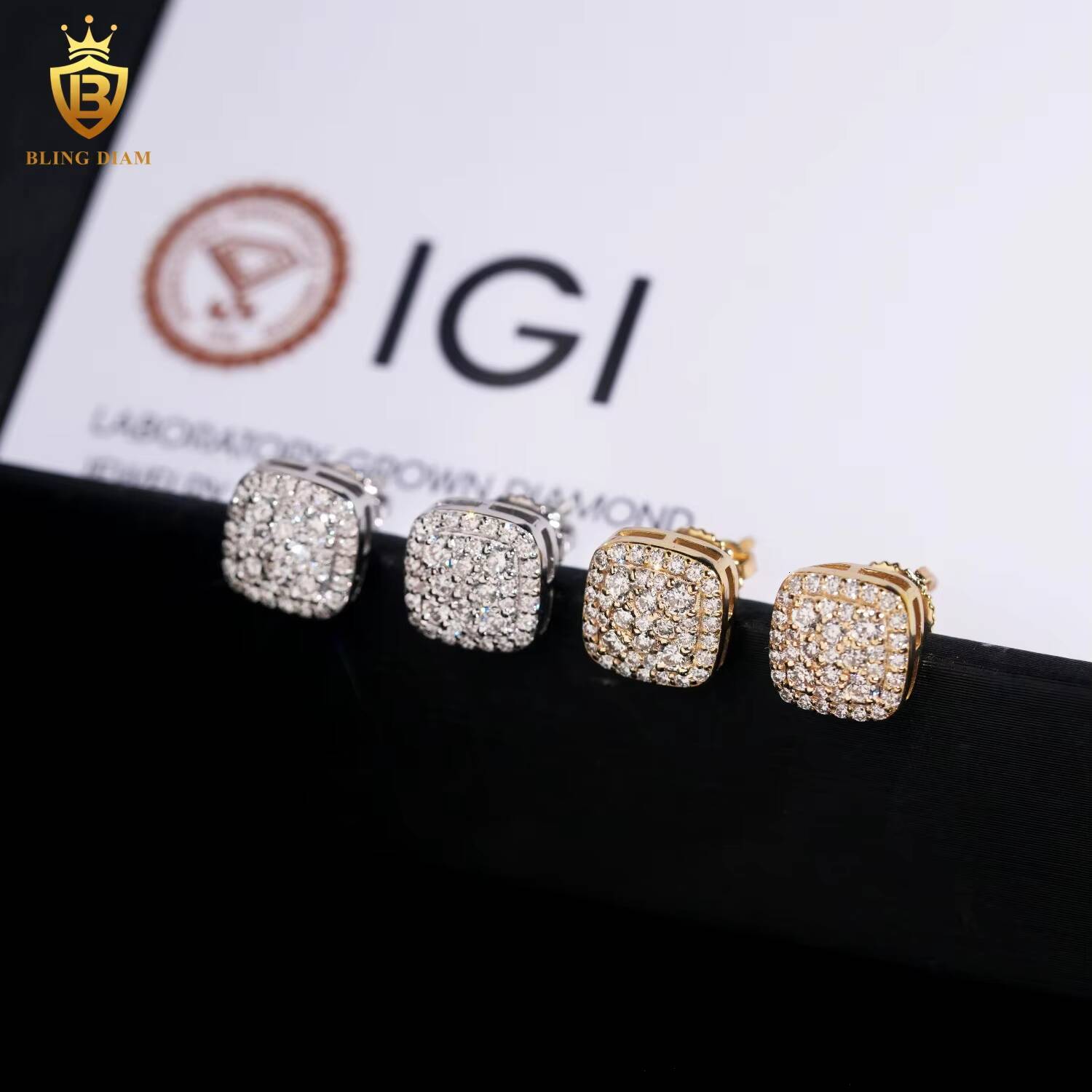 Luxury Jewelry Fine IGI LabGrownDiamondEarrings Studs Square 85mm for Women Man 925 Sterling Silver