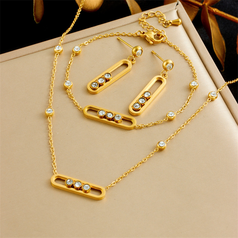 Necklace Bracelet New Fashionable Hot-Selling Long Diamond-Embellished Stainless Steel Gold-Plated Versatile Necklace Bracelet And Earring Set For Wom