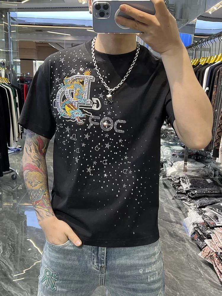 Luxury Brand Designer Clothes 2026 High-End Designer Apparel Men's European Letter Embroidery Print Rhinestone Round Neck Short Sleeve Trendy Cas