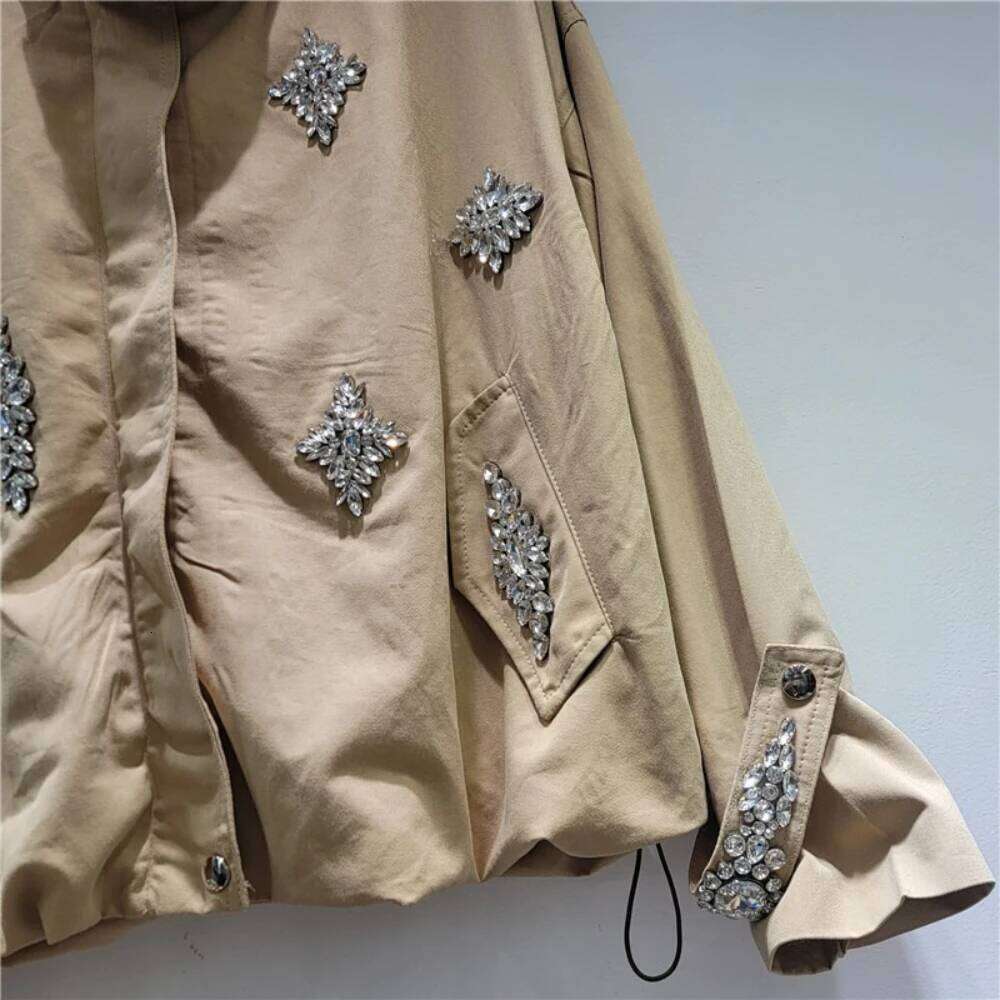 GALCAUR Khaki Spliced Diamonds Jacket Female Stand Collar Long Sleeve Loose Streetwear Casual Women's Jackets Autumn Fashion New Mdng260408