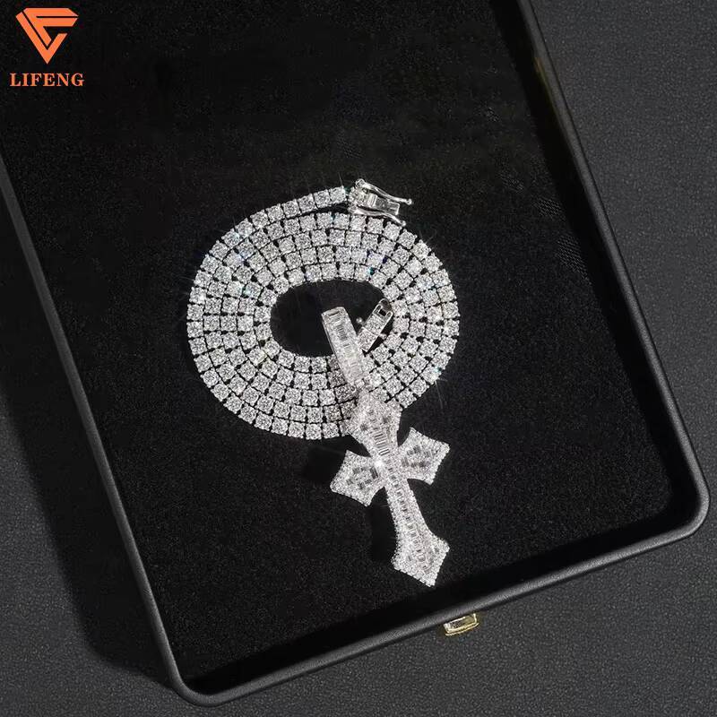 Lifeng Jewelry Custom Baguette Hip Hop Fashion 925 Sterling Silver Full Iced Out Vvs Moissanite Cross Pendant Necklace for Men