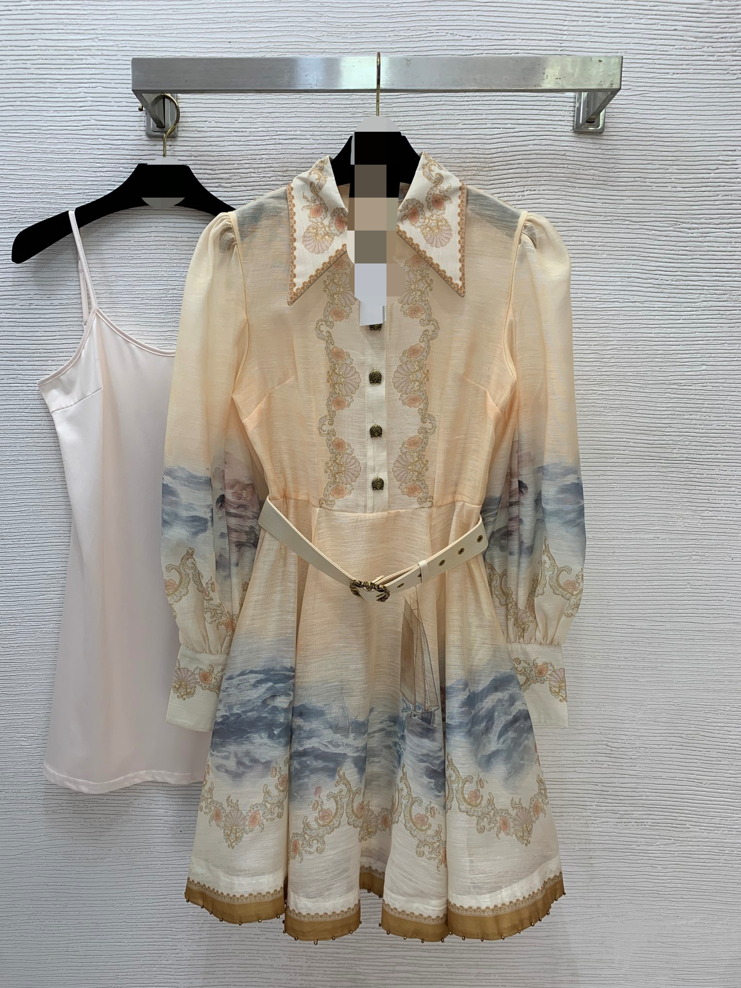 G25120468 2026 Summer Retro Print Collar Matching Belt Dress + Solid Color Innerwear High-Elasticity Braided Undergarment + Belt Matching