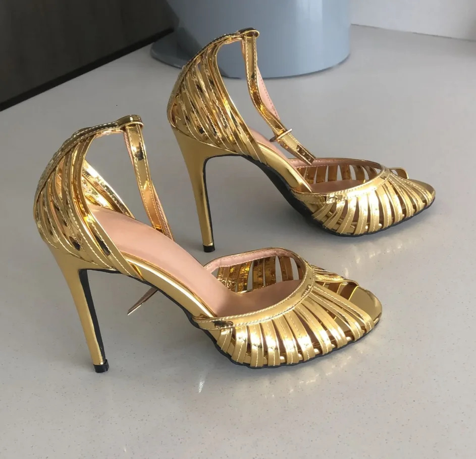 Peep Toe Sandals Cage Shape Upper Metallic Leather Ankle Straps Buckle Sandals Stiletto High Heels Cutouts Strappy Single Shoes 260407