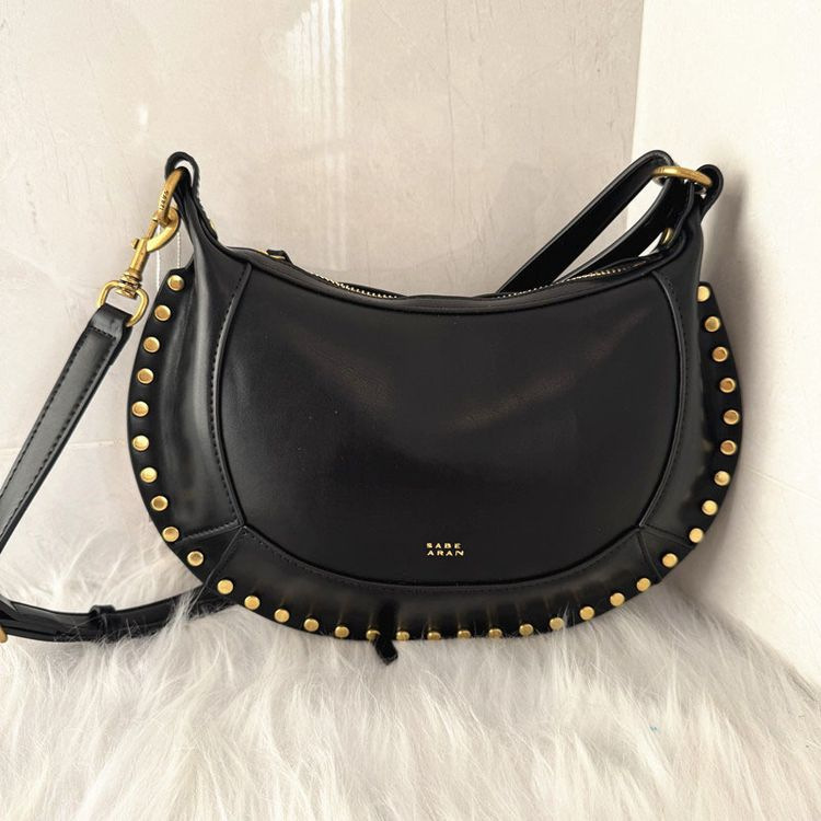 Vintage Leather Crescent Hobo Bag for Women - Premium Smooth Leather Handbag with Studs, Luxury Adjustable Shoulder Bag