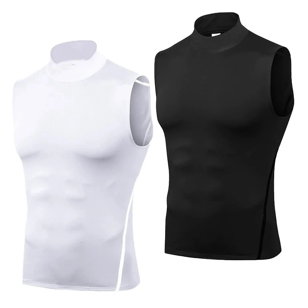 Mens Sleeveless Turtleneck Compression Shirt Man Quick Dry Workout Fitness Gym Tank Top Base Layer Bodybuilding Running Vest 260407