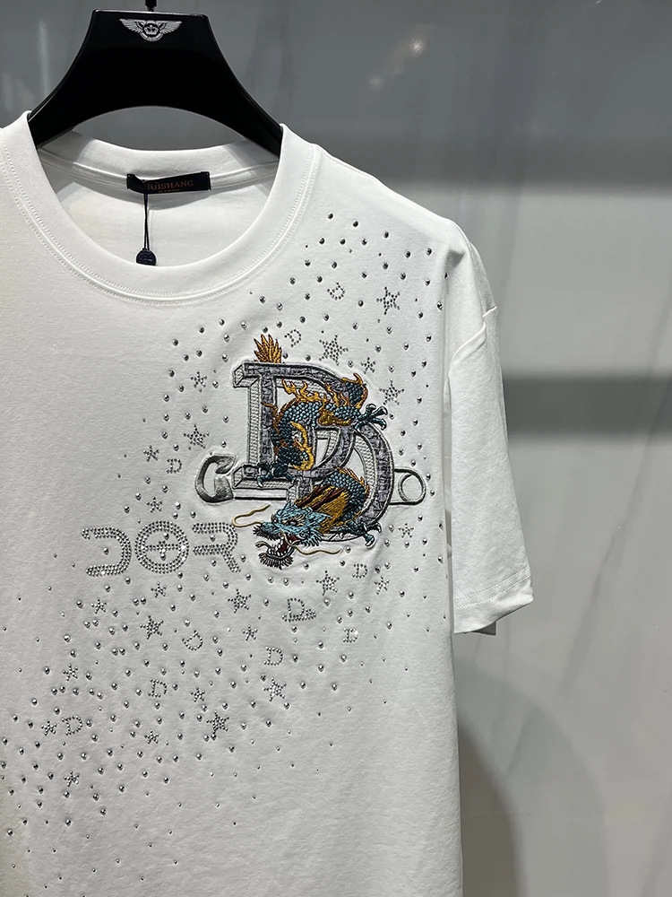 Luxury Brand Designer Clothes 2026 High-End Designer Apparel Men's European Letter Embroidery Print Rhinestone Round Neck Short Sleeve Trendy Cas