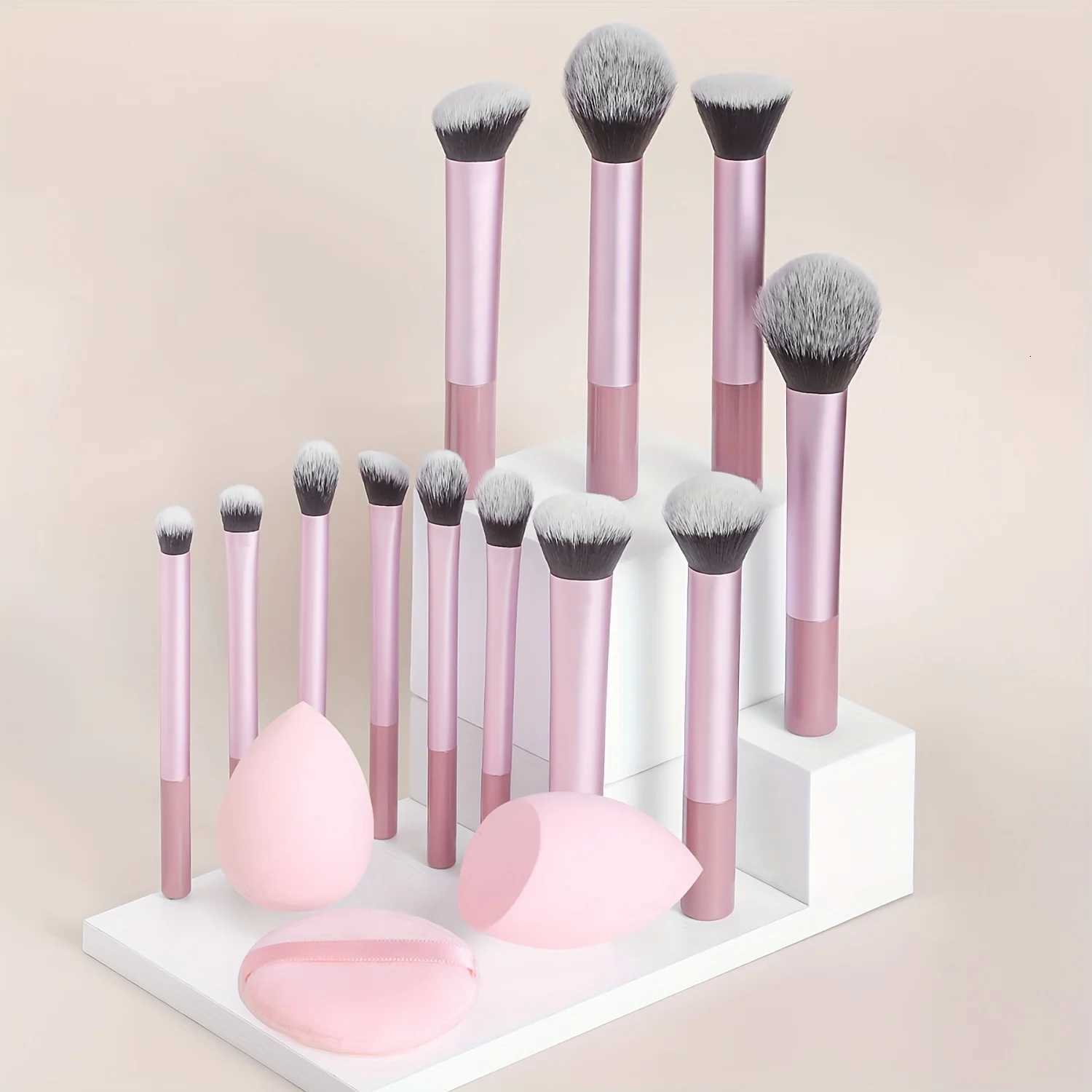 12-Piece Classic Full Makeup Brush Set with Angled and Teardrop Blenders 1 Powder Puff - Professional Application Tools Nylon Z260408