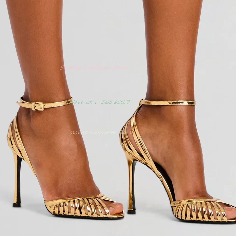 Peep Toe Sandals Cage Shape Upper Metallic Leather Ankle Straps Buckle Sandals Stiletto High Heels Cutouts Strappy Single Shoes 260407