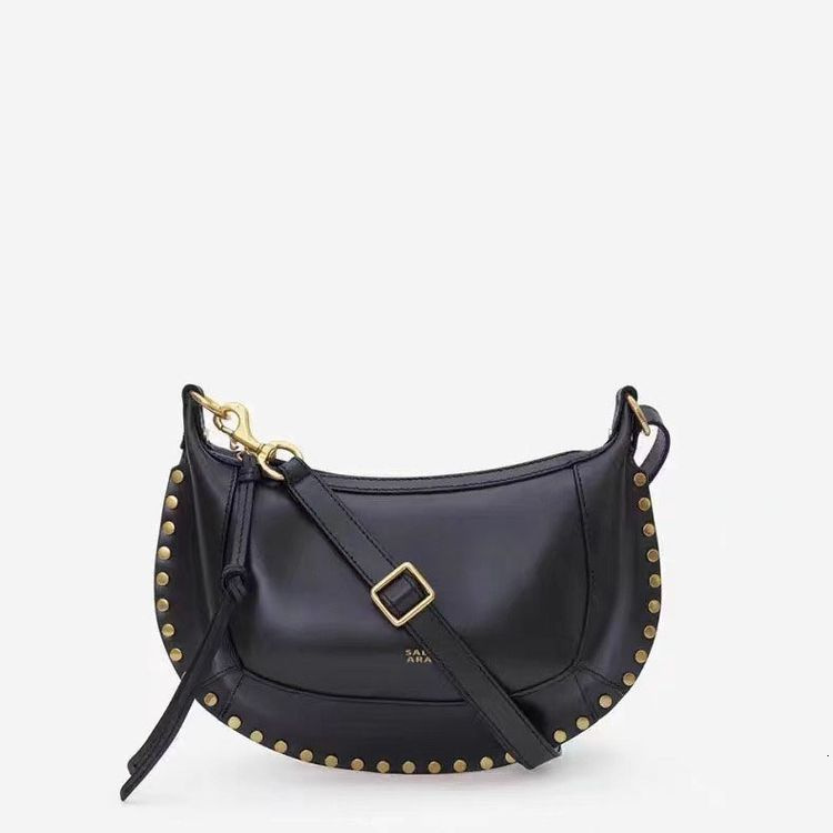 Vintage Leather Crescent Hobo Bag for Women - Premium Smooth Leather Handbag with Studs, Luxury Adjustable Shoulder Bag