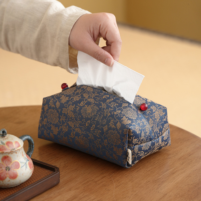 Tissue Box Cloud Gauze New Chinese Zen Retro Dark Pattern Print Elegant Luxury Lotus Pattern Tea Table Home Decor