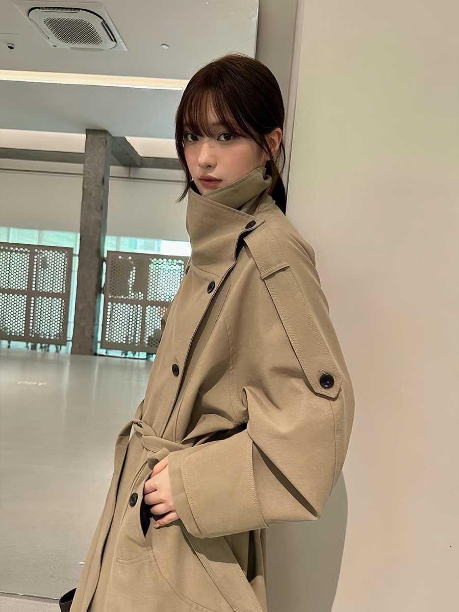 Autumn Winter Elegant High Neck Long Trench Coat For Women Pleated Hem Lace Up Jacket Windproof Overcoat Lady Outwear 251030