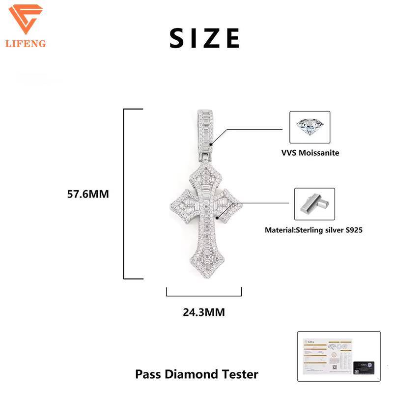 Lifeng Jewelry Custom Baguette Hip Hop Fashion 925 Sterling Silver Full Iced Out Vvs Moissanite Cross Pendant Necklace for Men