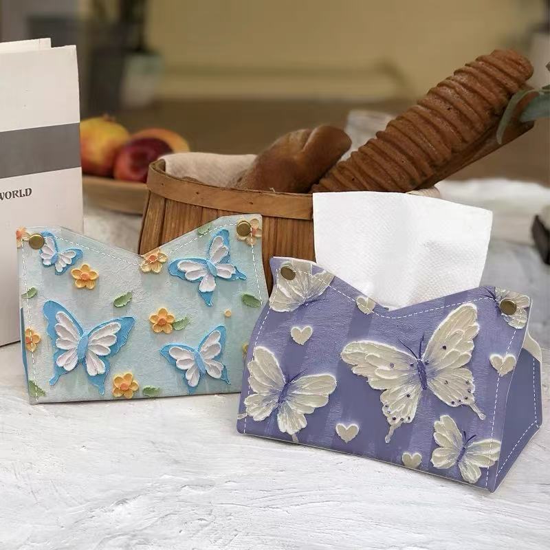 Tissue Box High End New Chinese Style Leather Oil Painting Butterfly Print Luxurious Home Decor For Coffee Table Living Room Household Use