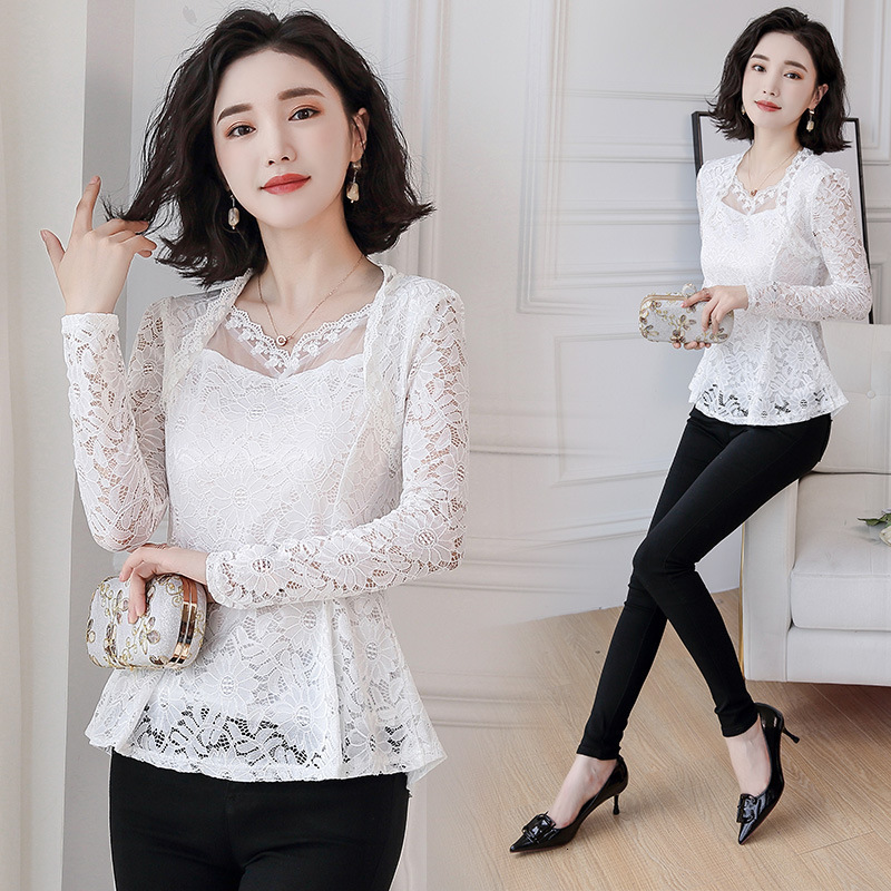 2025 Spring New Large Size Elegant Waist-Slimming Long Lace Blouse for Women Solid Color Suitable for Mothers 210317