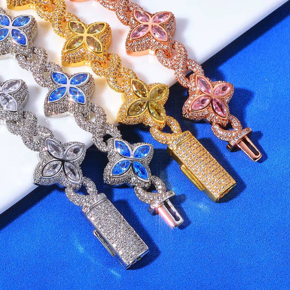 European American Hip Hop S925 Silver Four Leaf Clover 8 Character Diamond-inlaid Moissanite Cuban Chain Mens Necklace Trendy